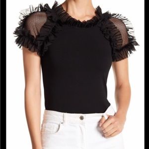 GRACIA BLACK MESH & RUFFLE SHORT SLEEVE TOP